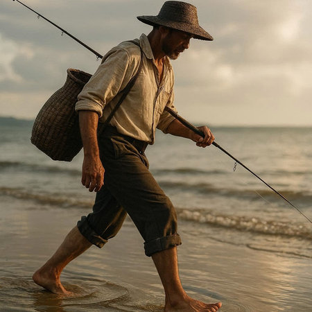Senior man fishing on the beach at sunset, full length portrait.の写真素材