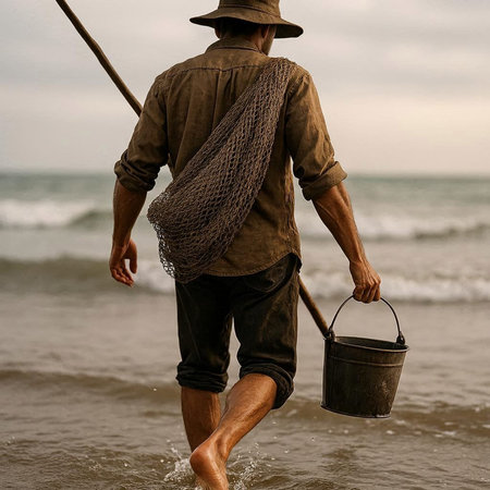 Fisherman walking on the beach with a bucket of fish.の写真素材