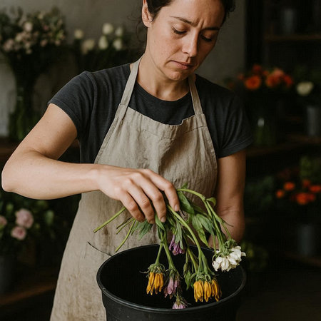 Female florist making bouquet of wildflowers in flower shopの写真素材