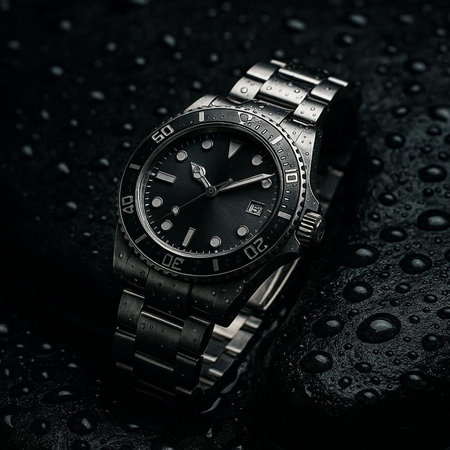 Wrist watch with black dial and stainless steel bracelet on wet black background.