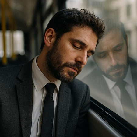 Handsome young man in a suit with a beard in the city.