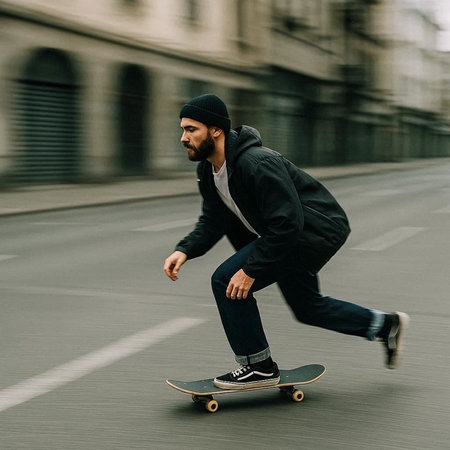 young man riding skateboard on the street, concept of extreme sportsの写真素材