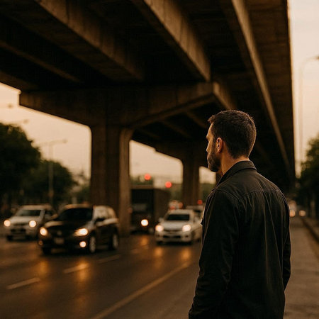 Back view of a young man looking at the road in the evening