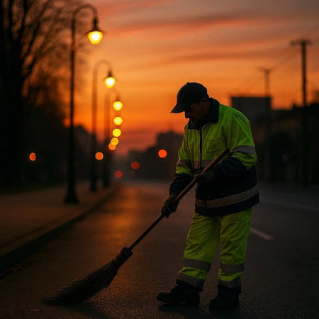 Worker cleans the city street with a broom at sunset. Selective focus.の写真素材