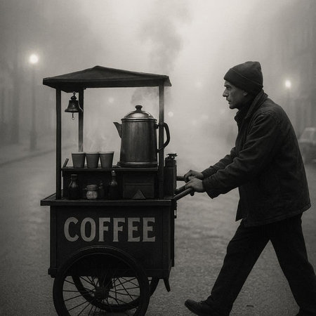 Coffee vendor in a foggy street. Black and white image.の写真素材