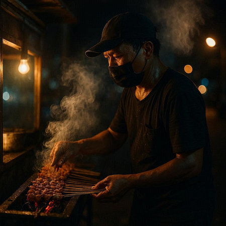 A man in a black cap and black t-shirt prepares kebab.の写真素材