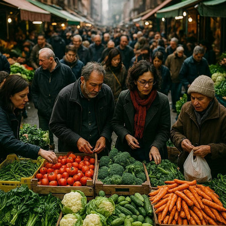 People buying vegetables at the street market in Barcelona, Spainの写真素材