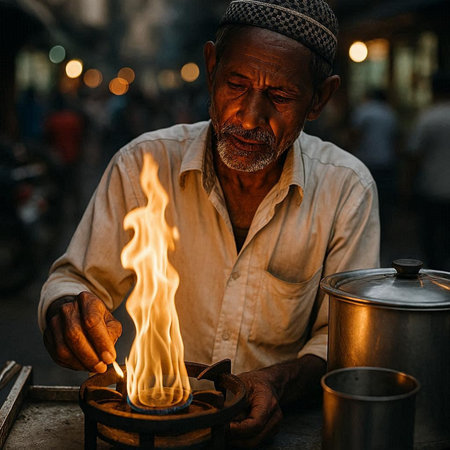 Portrait of a unknown Nepali man making a fire in the morning
