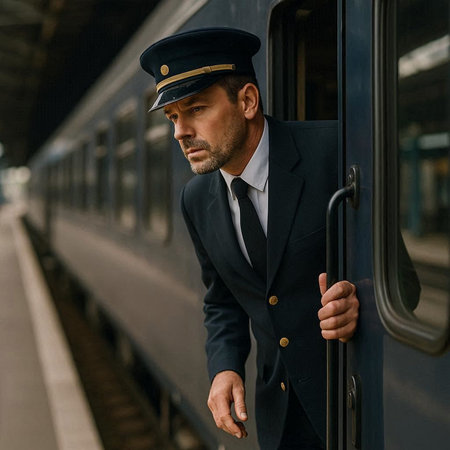Portrait of a man in a suit on the platform of a train station.