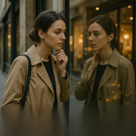 beautiful young women in trench coats looking at each other in city