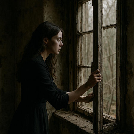 Young woman standing near the window in the old house and looking outの写真素材