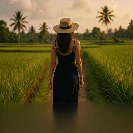 Back view of asian woman wearing black dress and straw hat standing in rice field at sunsetの写真素材