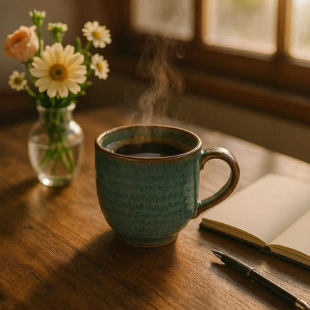 Cup of coffee with notebook and pen on wooden table at home