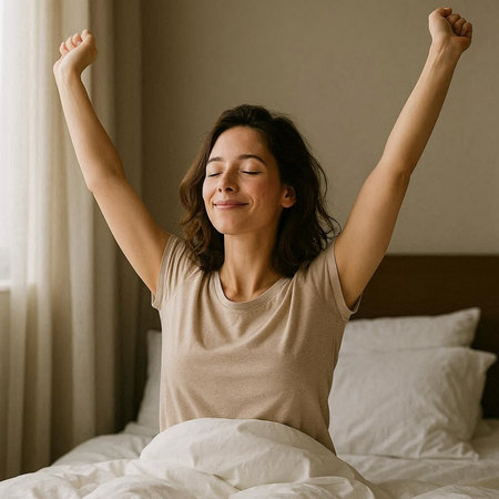 Happy young woman waking up in the morning, stretching in bed.