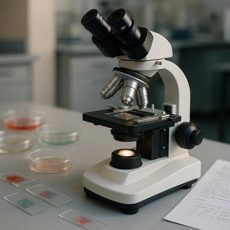Microscope and Petri dishes in the laboratory. Laboratory equipment.の写真素材