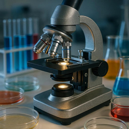Microscope and Petri dishes in the laboratory. Laboratory equipment.
