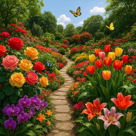 Beautiful spring garden with blooming tulips, tulips and butterfliesの写真素材