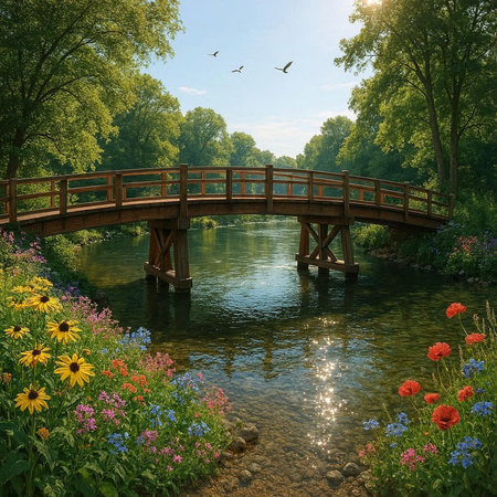 Wooden bridge over the river in the park. Summer landscape.