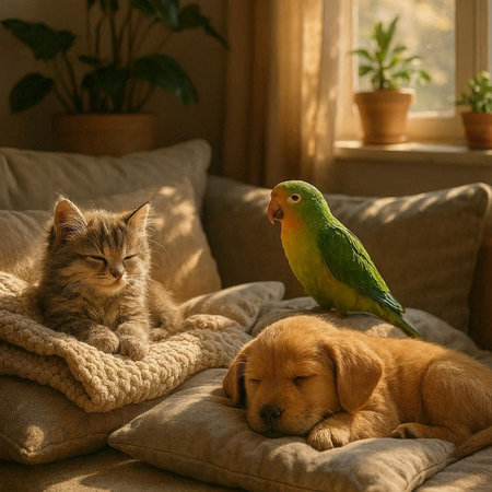 Cat and dog lying on a sofa with a green parrot.
