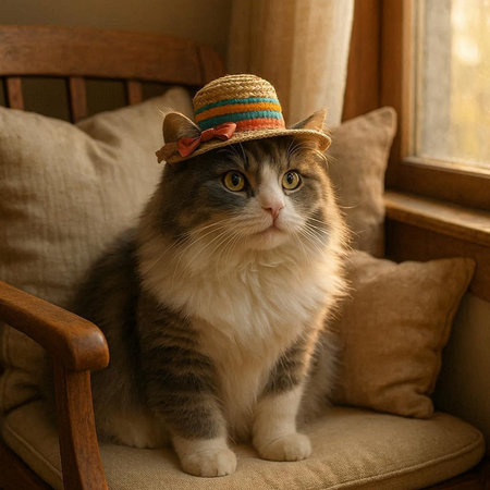Cute cat wearing a straw hat sitting in a chair at homeの写真素材