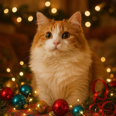 ginger cat and christmas decorations on the background of the Christmas tree