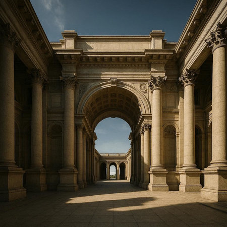3d render of an old building with columns and arches.