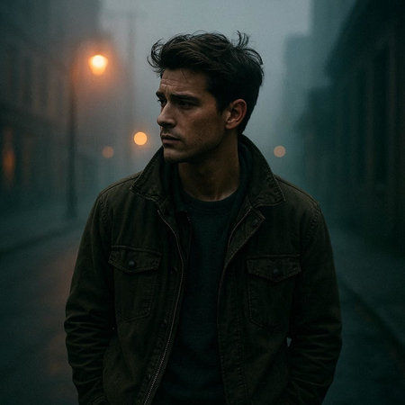 Portrait of a handsome young man in the street at night.