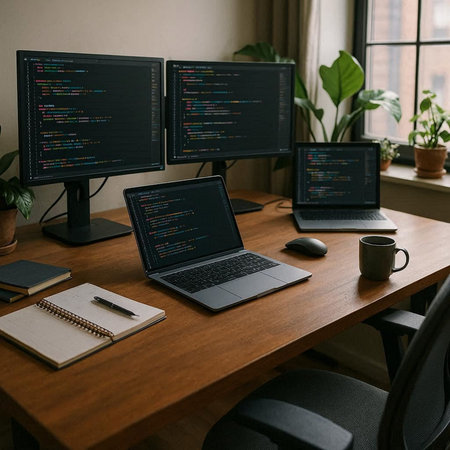 Workplace with computers and coffee cup on wooden table in modern office