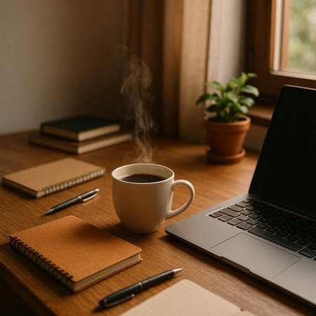 A cup of coffee on a wooden table with a laptop and a notebook