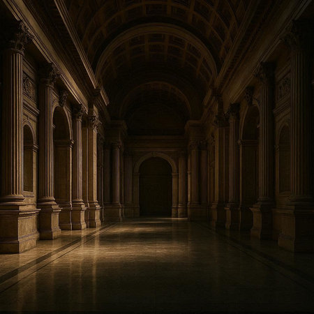 3D Illustration of a hallway with columns and columns in an old building