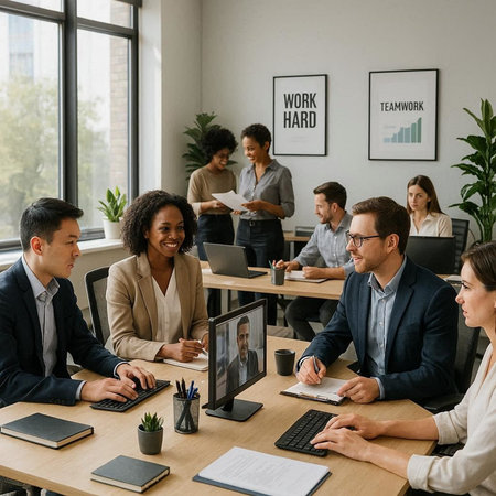 Group of business people working together in office. Multiethnic group of business people sitting at...