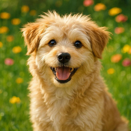 Portrait of a cute little mixed breed dog outdoors in summer.
