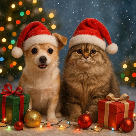 Cute cat and dog in Santa Claus hats on Christmas background.の写真素材