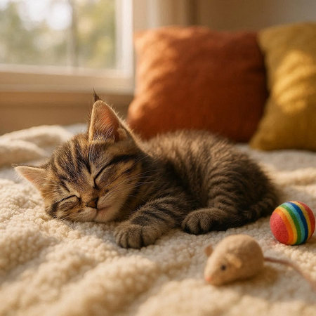 Cute tabby kitten sleeping on the bed with a toy.
