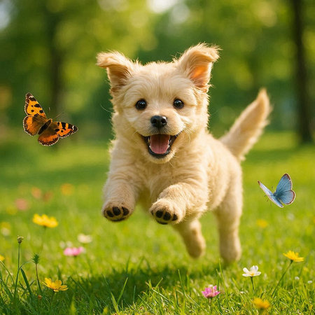 Cute little puppy running with butterfly on green grassの写真素材
