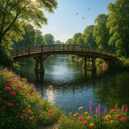 Wooden bridge over the river with flowers and birds flying in the skyの写真素材