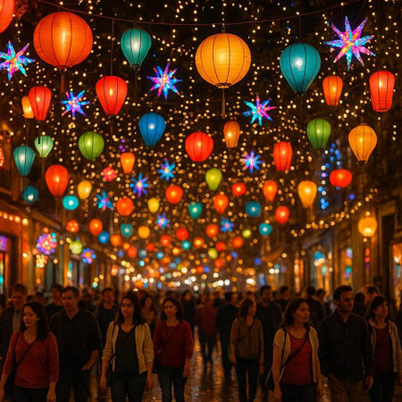 Colorful lanterns decorate the streets of Barcelona.