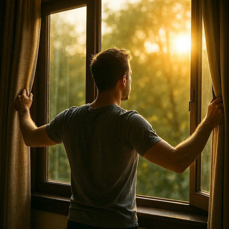 Man looking out the window in the morning. Man looking out the window at sunrise.の写真素材