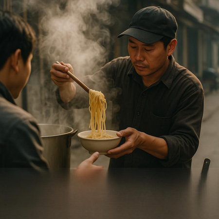 Asian man cooking instant noodle in a street cafe. Street food concept.