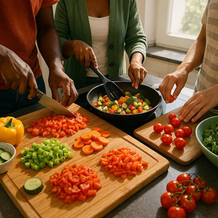 Close-up of multiethnic couple preparing vegetable salad in kitchen