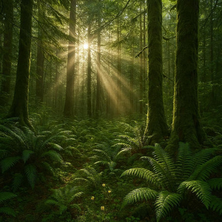Morning in a green forest with sunbeams and fernsの写真素材