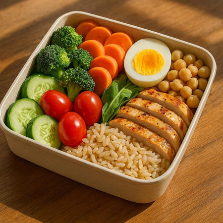 Healthy lunch box with chicken breast, vegetables and boiled egg on wooden table