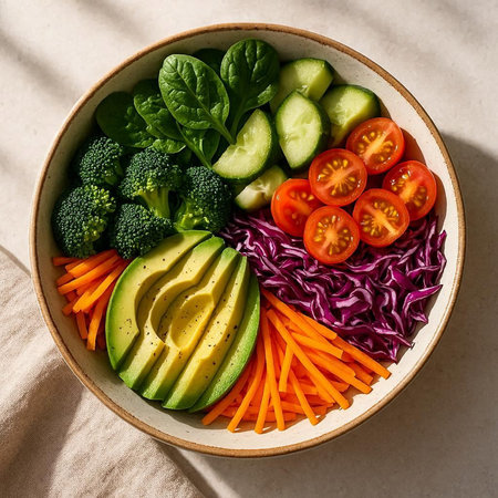Vegetable salad with avocado, tomato, cucumber and broccoli in bowl on light background