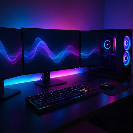 Computer screen in neon light. Abstract background. 3D rendering.の写真素材