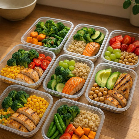 Healthy lunch box with salmon, vegetables, cereals and fruits