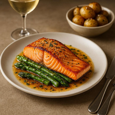 Grilled salmon fillet with asparagus and potatoes on a plateの写真素材