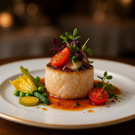 Grilled scallop with vegetables and sauce on a white plate