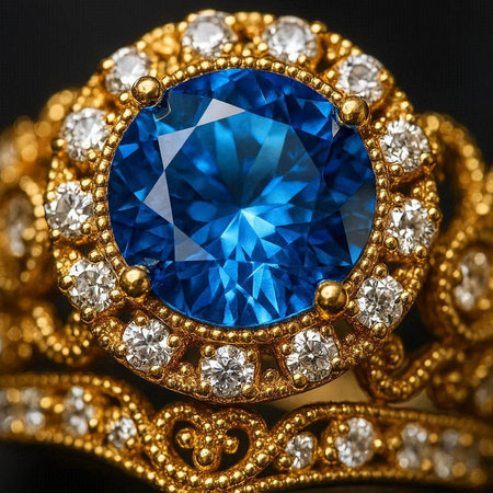 jewelry ring with blue sapphire on a black background