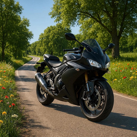 Black sport bike on a country road in the field with flowers.