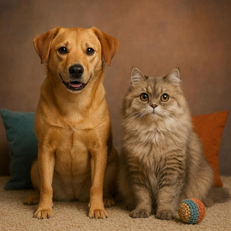 Mixed breed dog and cat sitting together on a brown background.
